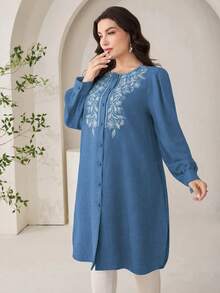 Veilorie Plus Size Elegant Fashion Embroidered Single-Breasted Shirt For Vacation And Dating - Blue - View 6