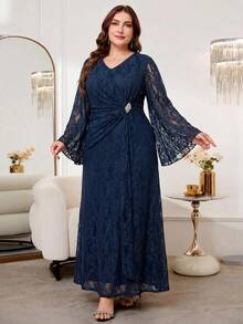 Reflora Plus Size Rhinestone Decorated Lace Ruffle V-Neck Elegant Dress Wedding Evening Dinner Formal Evening Navy Blue Autumn Wedding Fall - Blue - View 2