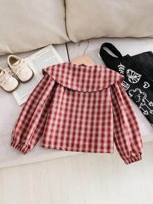 SHEIN Playful Pals 女童韓式復古可愛彼得潘領紅白格紋燈籠袖襯衫，適合返校季、日常休閒穿著，秋冬款 - 紅色 - 查看 3