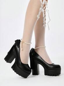 ROMWE Kawaii Sepatu Hak Tinggi Platform Seksi Wanita, Gaya Punk Gothic Gelap Elastis dengan Desain Mutiara dan Pita Renda, Modis dan Serbaguna - Tinta hitam - View 4