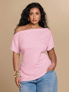 SHEIN BAE CURVE 大尺碼女款純色不對稱單肩短袖休閒上衣 - 粉色 - 查看 6
