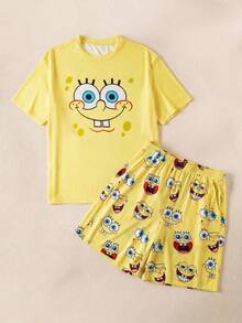 SpongeBob SquarePants | SHEIN 男士趣味卡通图案短袖上衣和短裤家居服套装，夏季 - 黃色 - 查看 1