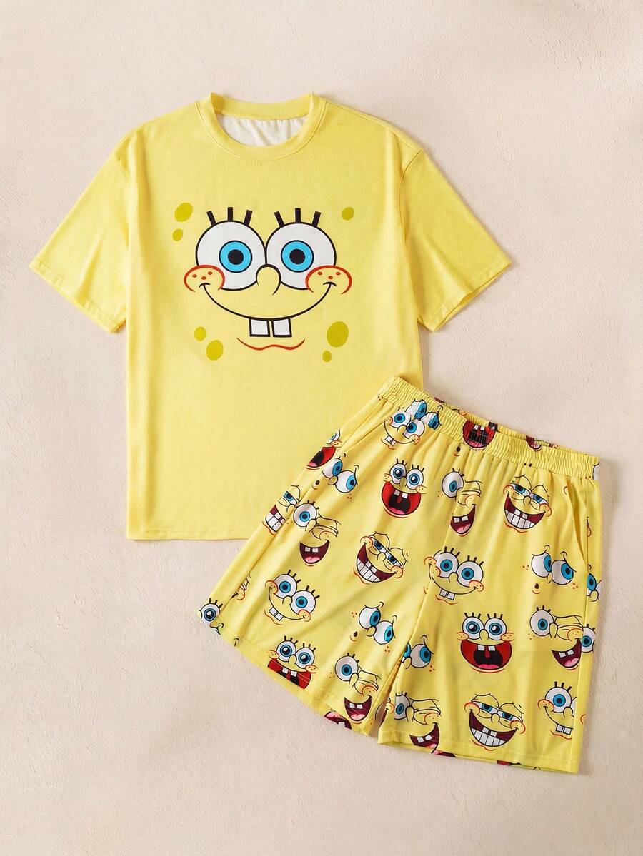SpongeBob SquarePants | SHEIN 男士趣味卡通图案短袖上衣和短裤家居服套装,夏季 - 黃色 - 查看 1