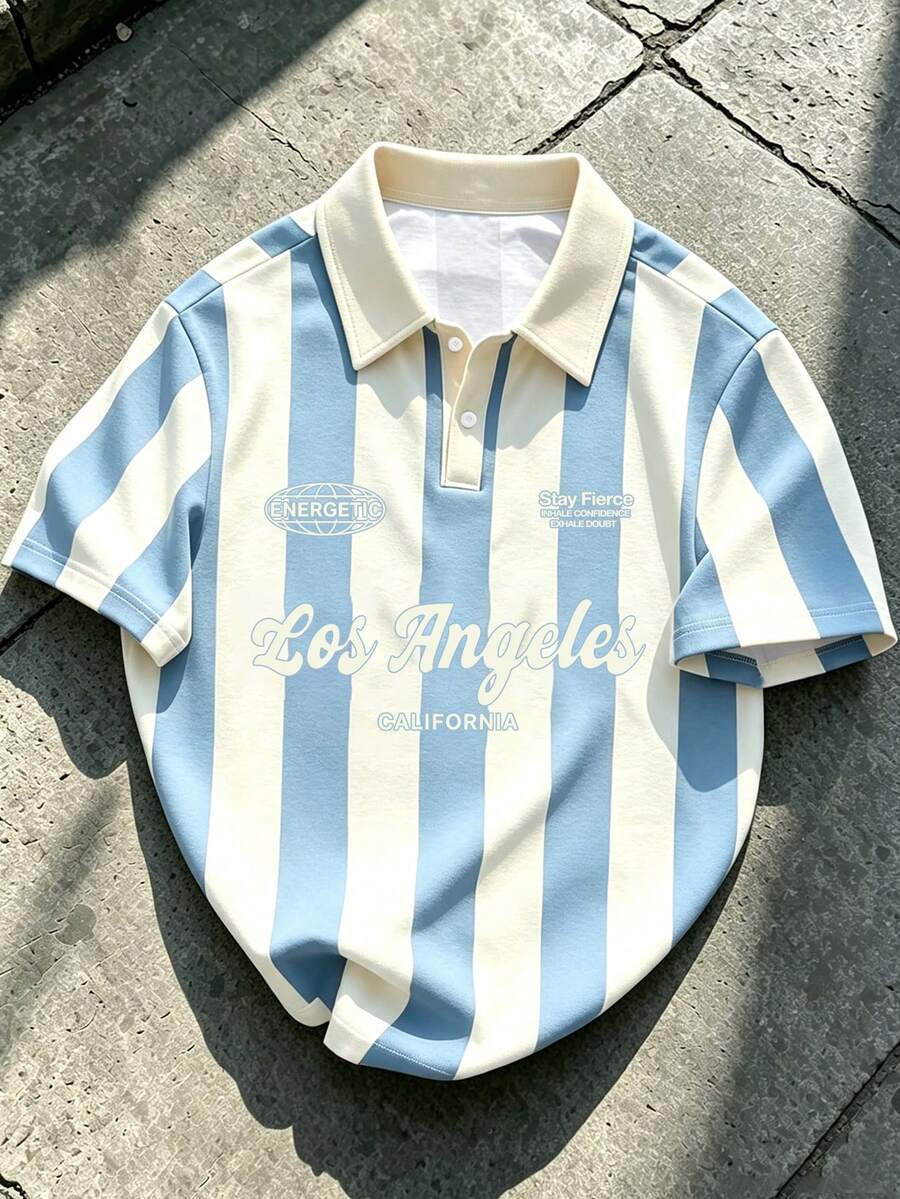 Manfinity EMRG 男士條紋拼接字母印花休閒日常短袖 Polo 衫 - 彩色 - 查看 1