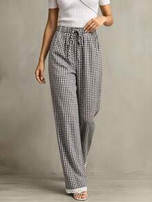 SHEIN Franclia Pantaloni ampi con lacci a quadri kaki, pantaloni casual con patchwork adatti per uso quotidiano/pendolarismo - Castano - Visualizzare 1