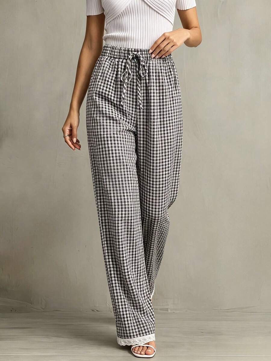 SHEIN Franclia Pantaloni ampi con lacci a quadri kaki, pantaloni casual con patchwork adatti per uso quotidiano/pendolarismo - Castano - Visualizzare 1