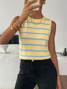 Muvela Casual Preppy Blue And Yellow Base With Stripes Back-To-School Versatile Women's Sweater Vest Suitable For Autumn And School - Multicolor - View 5