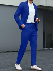 Manfinity Mode Men's Lapel Collar Casual Suit Set, Spring/Summer Formal, Ceremony - Royal Blue - View 4