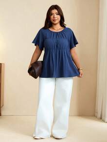 Edennvi Blusa holgada de talla grande con cuello redondo, mangas con volantes y fruncido, azul marino, casual de verano para vacaciones y oficina - Azul - Ver 4