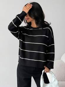 SHEIN Teen Girl Loose Casual Minimalist Comfortable Striped Pullover Sweater, Versatile Thick Warm Knitwear For Autumn/Winter - Black and White - View 6