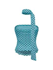 ROMWE J-Fashion Women's Summer Vintage Vacation Style Polka Dot Print Pleated Fitted Tube Top And Ribbon - Blue - View 2