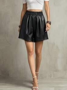 Franclia New Women's Casual Black Wide Leg Elastic Waist Lace Patchwork Leather Shorts - Black - View 1
