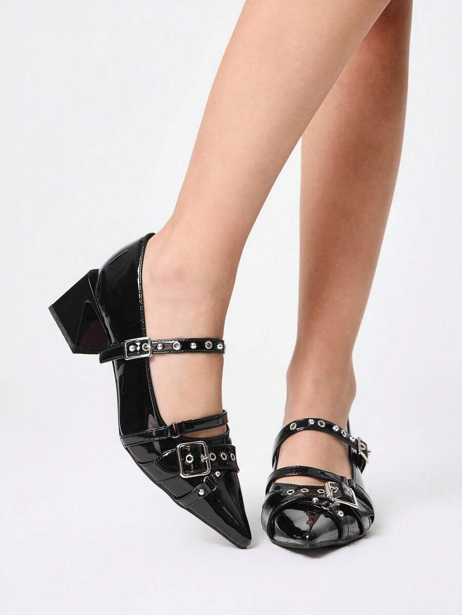 ROMWE Grunge Punk Elegant Pointed Toe Chunky Heel Lacquer Leather Pumps For Christmas Y2K 2000s Style - Love Black - View 1