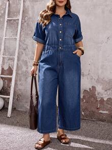 EMERY ROSE EMERY ROSE Plus Size Fashion Button Short Sleeve Pocket Denim Jumpsuit,Halloween Vacation Outfits Dates Vacation Blue Summer Normal Traditional - Blue - View 3