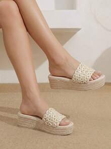 Styleloop Women's Platform Sandals, Upper Woven Straw Material Breathable And Empty Decoration, Bohemian Style, Holiday Atmosphere, Summer Wear, Travel - Apricot 15 - View 7