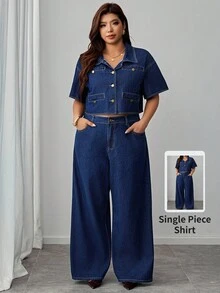 Elenzga Summer Elegant Deep Blue Non Stretch Button Front Collar Comfortable Daily Wear Office Commuting Plus Size Denim Top For Women - Dark Wash - View 1