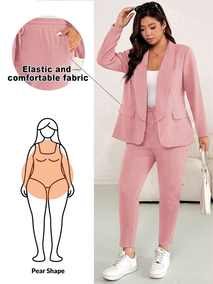 Shapeblank Plus Size Women Solid Color Long Sleeve Jacket And Pants Casual Daily 2 Pieces Set Fall