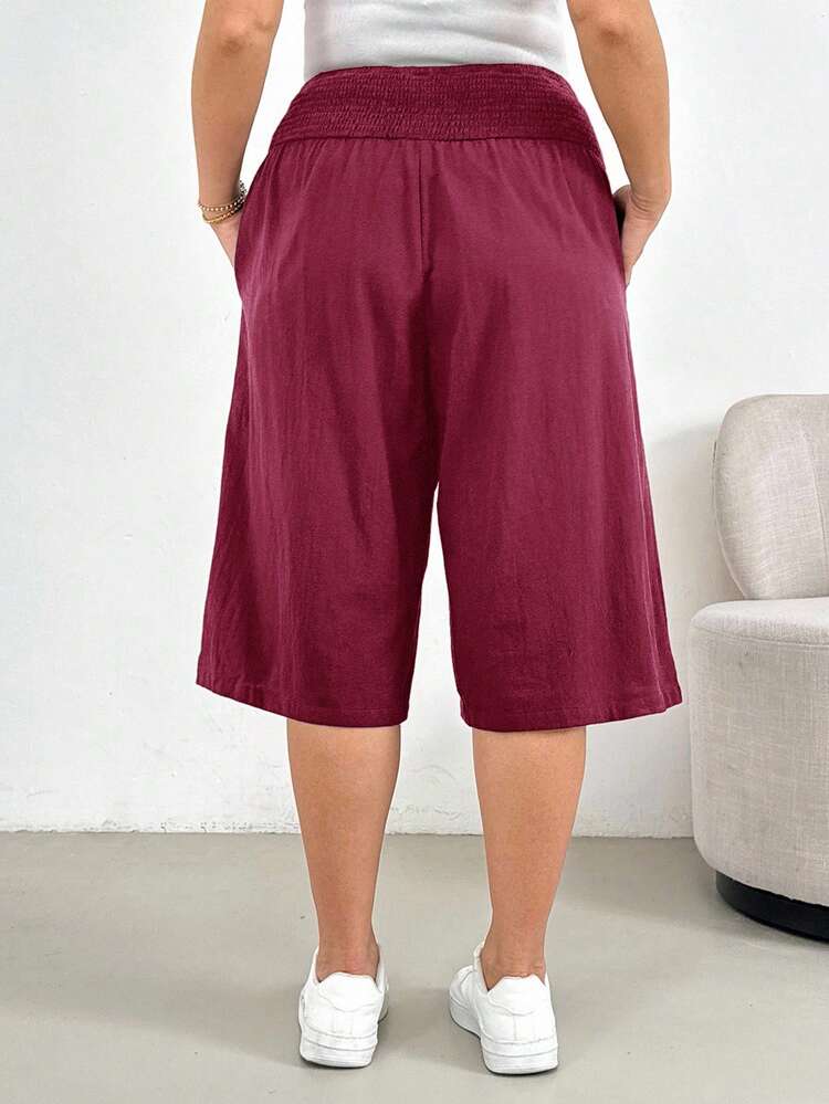 Shapeblank Plus Size Women's Solid Color Waist Gathered Pocket 3/4 Length Pants - Burgundy - View 2