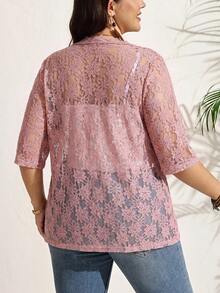 SHEIN LUNE 大尺碼女款蕾絲休閒百搭日常外出開襟衫 - 藕粉色 - 查看 2