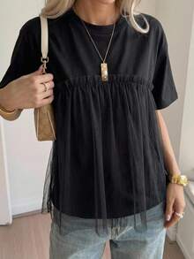 FRIFUL Women's Summer Solid Color Round Neck Short Sleeve Tee With Frill Trim, Casual,Ruffle School - Black - View 2