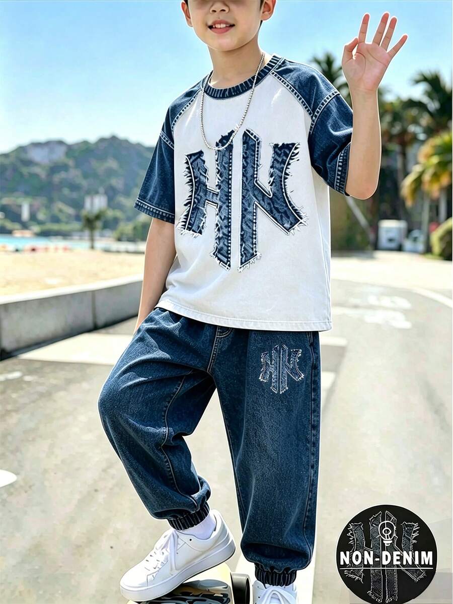 SHEIN 休閒舒適時尚印花拼接配色休閒風春夏短袖T恤與長褲兩件套,適合戶外運動休閒度假穿著 - 彩色 - 查看 1