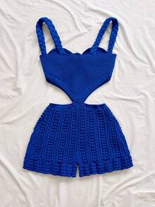 Soleia Women's Plus Size Blue Spaghetti Strap Romper For Vacation - Royal Blue - View 2
