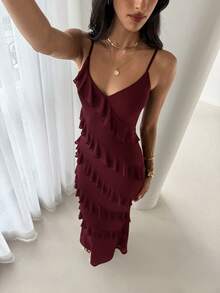 Aloruh Women's Spring/Summer Bohemian Elegant Ruffle Trim Fitted Dress Day Party Dinner Holiday Night Burgundy - Maroon - View 4