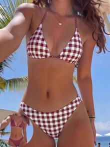 Swim Mod 新款女款夏季兩件式隨機花卉與格紋印花三角掛脖比基尼上衣與褲子套裝，海灘度假泳裝 - 彩色 - 查看 7