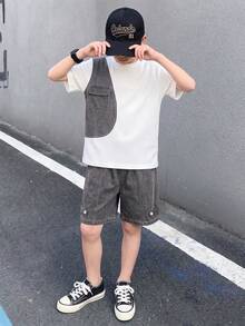 SHEIN Genkimix Kids Boys' Summer Washed Versatile Fashion Casual Comfortable Loose Design, Elastic Waist Straight Leg Mid-Blue Washed Denim Knit Patchwork Shorts Set - Grey - View 6