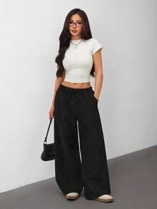 SHEIN PETITE 杏色黑色多色女款長褲兩件套基礎百搭休閒裝，適合多種場合 - 彩色 - 查看 3