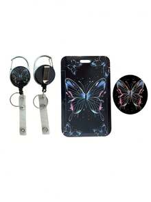 1 Set (Badge Clip + Card Holder) Gradient Butterfly Retractable Badge Reel With ID Card Holder, Black Vertical Badge Clip Protector Set For Nurse Teacher Office Student - multicolor - View 10