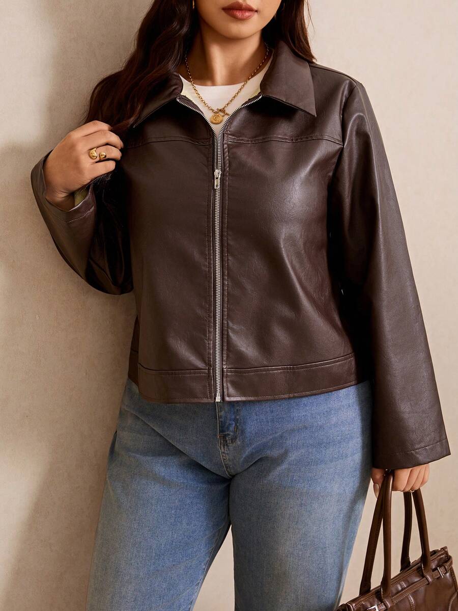 Elaquor Plus Size Fashion Streetwear PU Material Long Sleeve Zipper Jacket Casual Daily Going Out Brown Jacket For Women Fall/Winter Casual Office Work Outfit