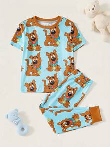 SCOOBY-DOO X SHEIN Ensemble pyjama garçon jeune d'été décontracté, t-shirt à col rond à manches courtes avec imprimé chien et short - Multicolore - Voir 1