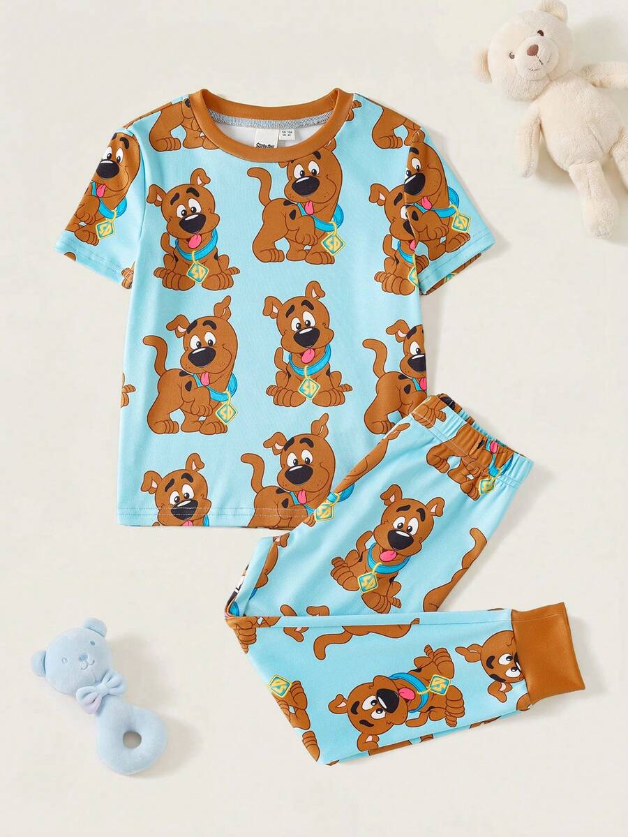 SCOOBY-DOO X SHEIN Ensemble pyjama garçon jeune d'été décontracté, t-shirt à col rond à manches courtes avec imprimé chien et short - Multicolore - Voir 1