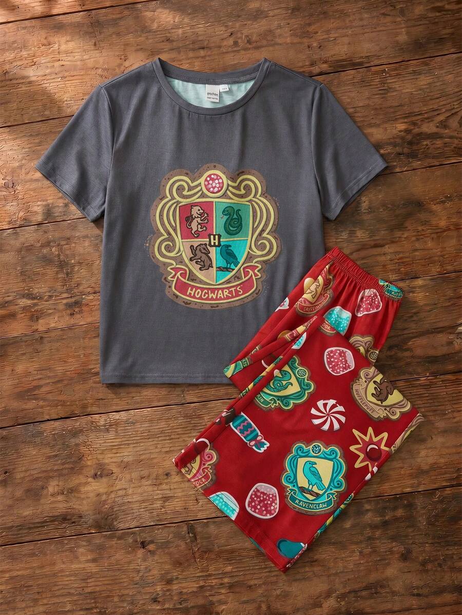 HARRY POTTER X SHEIN Tween Girl Round Neck Short Sleeve Top And Pants Pajama Set - Burgundy - View 1