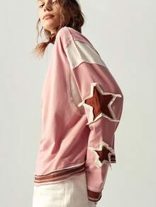 Bohemela Plus Size Women's Contrast Color Five-Point Star Patchwork Crew Neck Long Sleeve Sweatshirt Fall - Pink - View 8