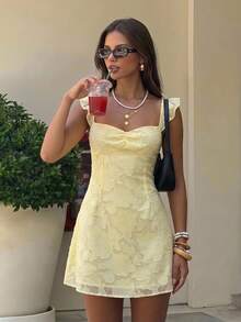 Aloruh Women's Summer Elegant Cute Solid Color Cut-Out Short Dress Vacation Going Out Pale Yellow - Light Yellow - View 2