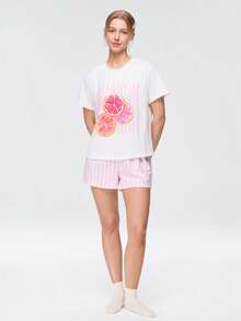 Bonmuse Women's Pink Striped Grapefruit Short Sleeve T-Shirt And Shorts Pajama Set - Red - View 9