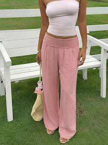 SHEIN EZwear Women's Casual Loose Solid Color Pants - Dusty Pink - View 3