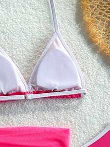SHEIN 女童3件組泳衣套裝，桃紅色配白色滾邊素色面料掛脖三角上衣、三角比基尼泳褲、繫帶網紗罩衫裙，高彈性海灘度假泳裝，時尚休閒精緻，適合游泳、夏季度假、夏季海灘、海邊、游泳池、夏季假期派對、休閒度假 - 玫紅色 - 查看 5
