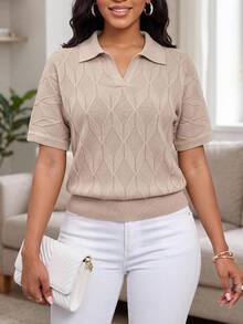 SHEIN Lady 女款素色休閒優雅百搭日常穿著針織上衣 辦公室米色夏季 - 黃色 - 查看 3