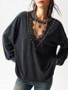 Bohemela Women's Fall Casual Black Washed Knit Long Sleeve Sweatshirt/Halloween/Back To School/Going Out/Y2K/Holiday - Black - View 4