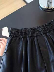 Franclia New Women's Casual Black Wide Leg Elastic Waist Lace Patchwork Leather Shorts - Black - View 4