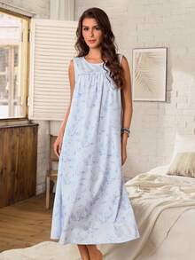 Serenescape Printed Sleeveless Nightgown, Simple Loose Casual Long Dress For Home - Blue - View 3