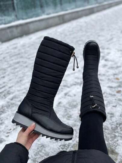 Rainproof High Boot For Women In Leather And Padded Fabric, Non-Slip Toothed Sole, Platform, Upper Fit With Garter, Ideal For Winter, Cold Weather.