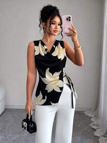 Elenzga Plus Size Women's Spring/Summer Elegant Commuter Black Base Large Floral Ruffle Collar Sleeveless Side Cinched Waist-Up Fitted Waist Slimming Asymmetrical Hem Top - Black - View 3