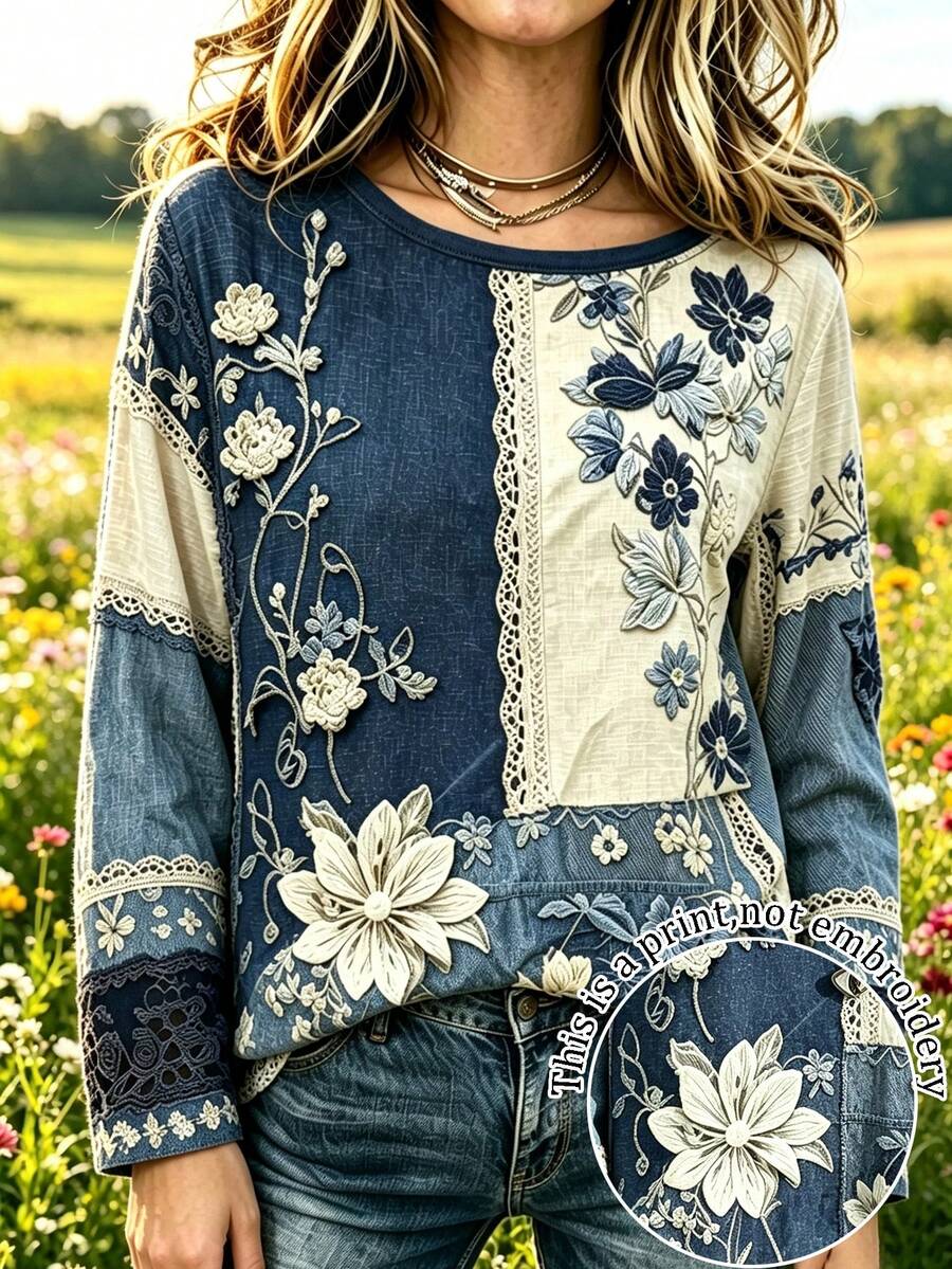 EMERY ROSE Baju Wanita Lengan Panjang Kasual Longgar dengan Motif Digital Blok Warna Biru & Putih, Renda Imitasi & Bordir Imitasi - MultiWarna - View 1