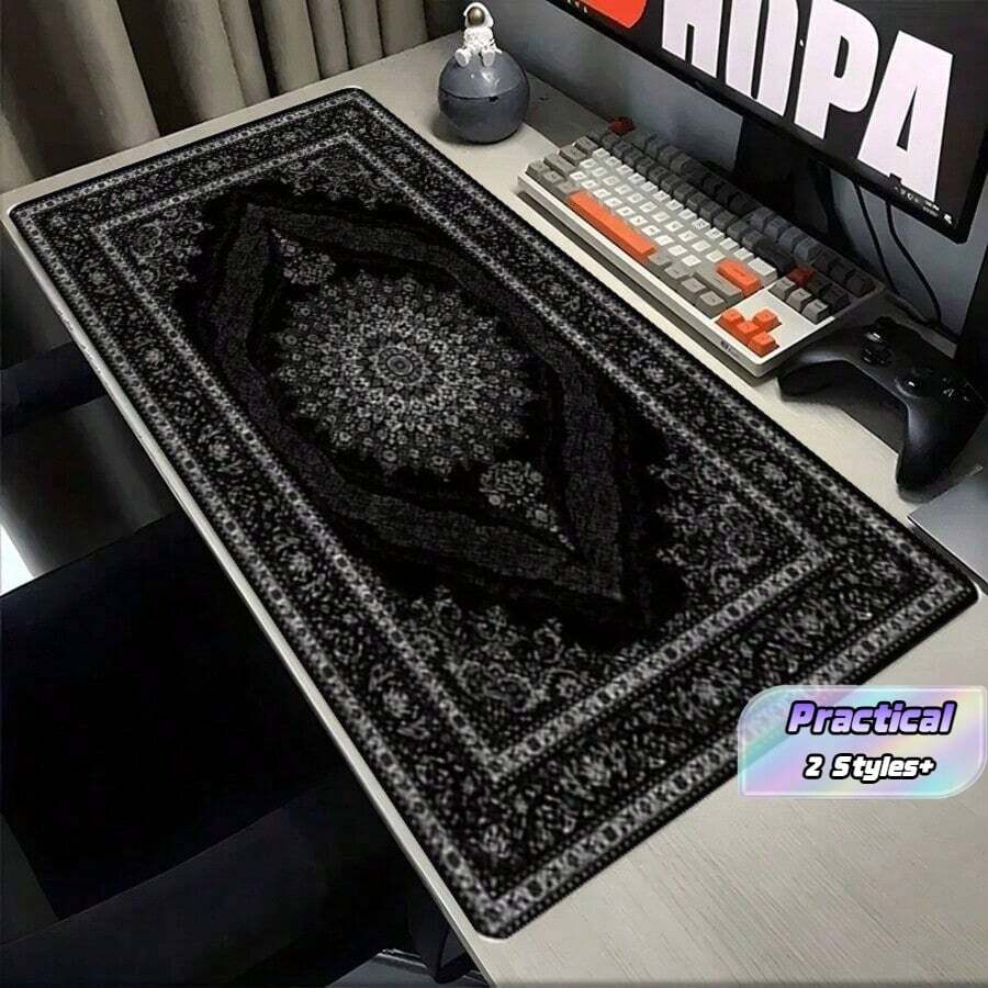 1pc Black Persian Rug Pattern Mouse Pad And Desk Mat - Non-Slip Rubber Base, Durable Polyester Surface, Vivid Floral Design, Suitable For Gaming And Office Use, Stylish Desktop Decor Gift, Mousepad For Desk. - Multicolor - View 1