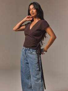 Athîral Women's Solid Color V-Neck Knotted Waist Casual Daily Knit Top - Coffee Brown - View 6
