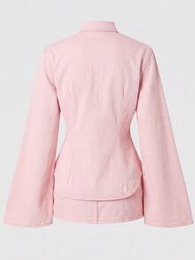 SHEIN MOD 女款刺繡喇叭袖單排扣牛仔襯衫 - 粉色 - 查看 2